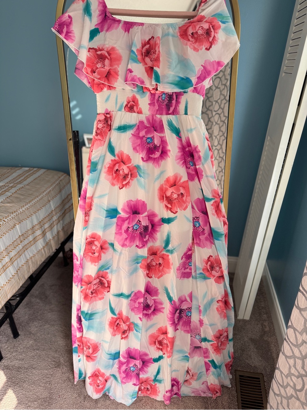 Floral Off-Shoulder Maxi Dress in Pink & Coral